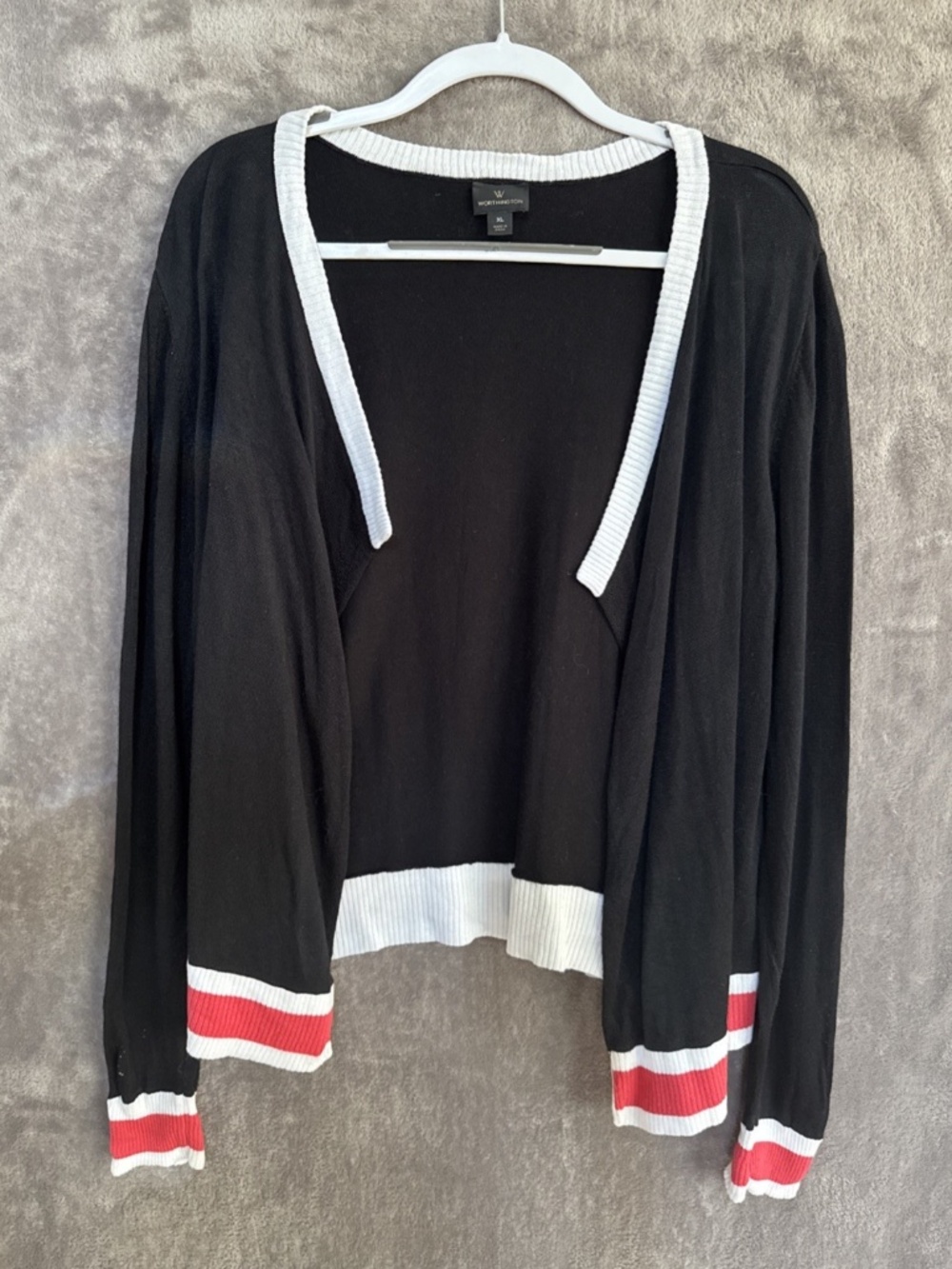 Worthington Varsity-Style Open-Front Crop Cardigan | Black, White & Pink | XL